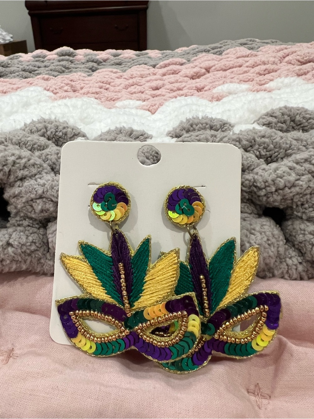 Embellished Feather Masquerade Drop Earrings - Purple/Green/Gold Mardi Gras